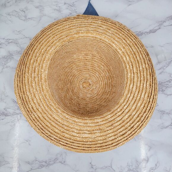 Vintage Straw Sun Hat with Blue Ribbon Bow Embroidered Flowers Cottagecore - Picture 7 of 8